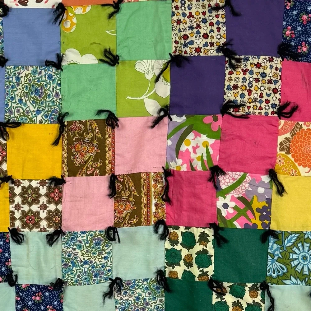 Colorful Vintage Scrap Patchwork Hand Tied Lap Quilt Throw Blanket 36 x 46